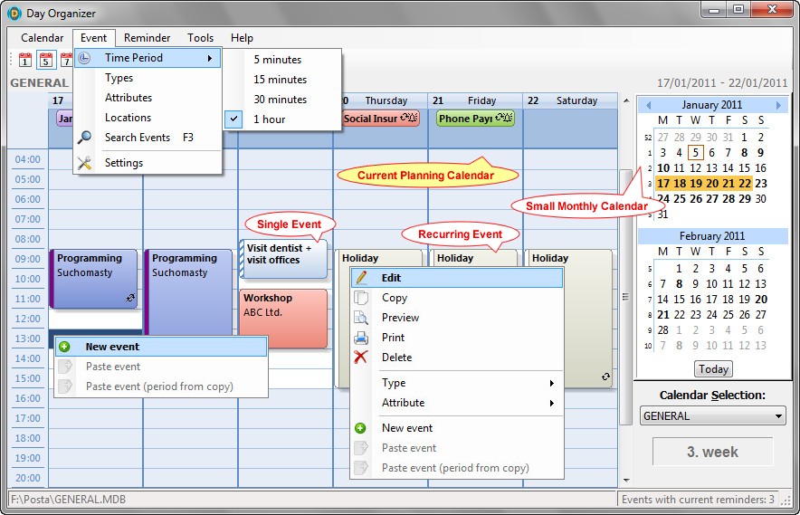 Well-arranged organizer with optional event reminders